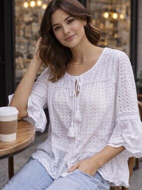 Westport Eyelet Lace Peplum Top White Cotton Boho XL Tassel